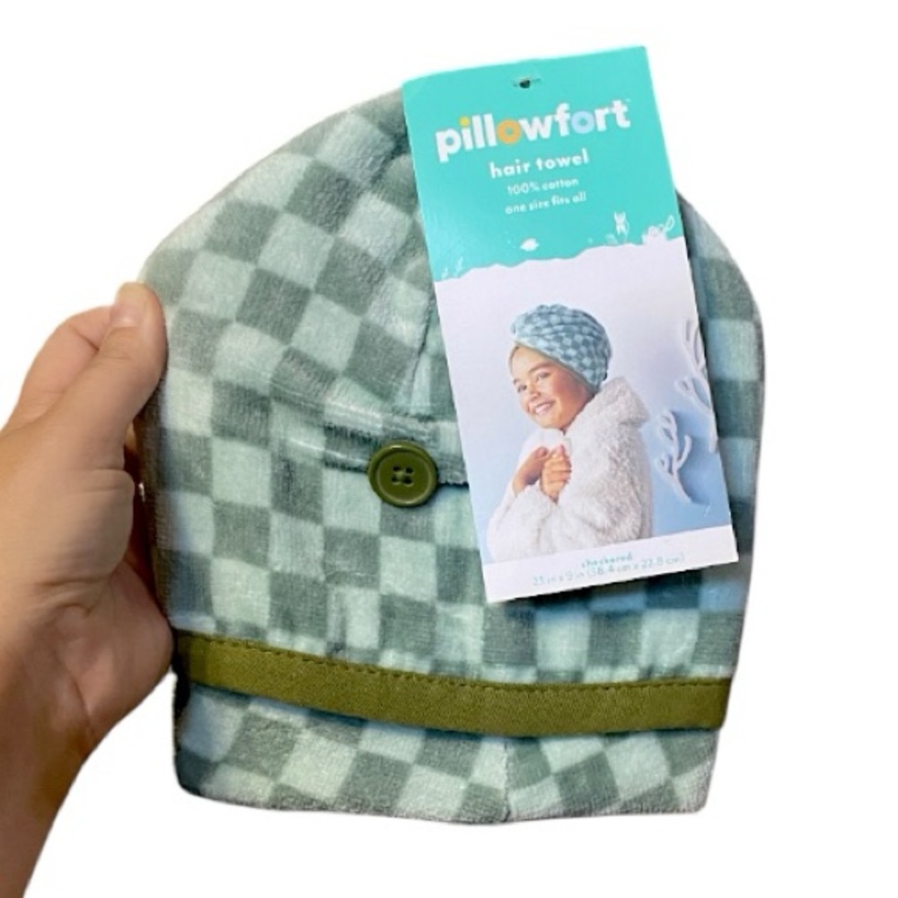 Pillowfort Green Checkered Kids Hair Towel